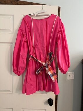 Girls' Bright Pink Bubble-Sleeve Dress with Plaid Waist Tie